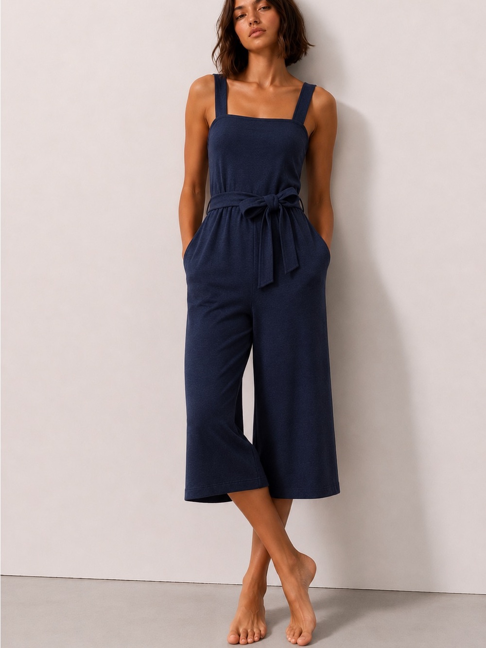 VENUS Navy Square-Neck Cropped Wide-Leg Jumpsuit with Tie Belt